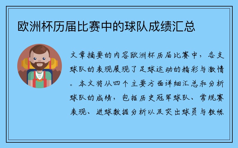 欧洲杯历届比赛中的球队成绩汇总